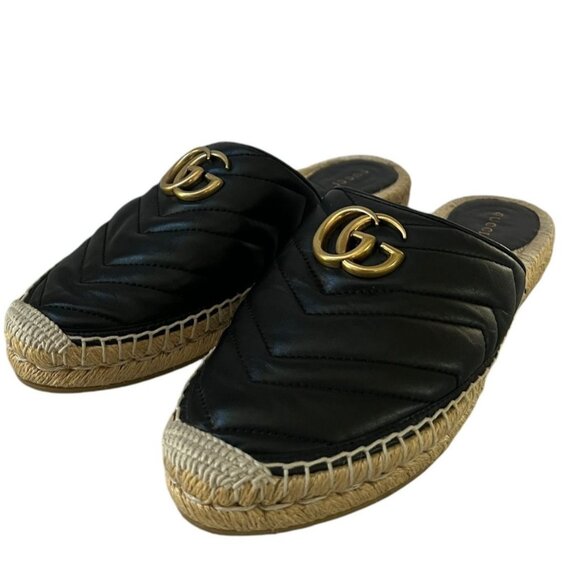 Gucci Black Marmont Leather GG Espadrilles Mules Slip On Shoes EUR 39.5 US 9 - Picture 1 of 14